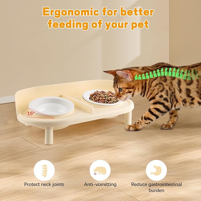 Elevated Cat Bowls, Tilted Rised Cat Food and Water Bowl with 2 Pcs Ceramic Pet Bowls, Rised Stand, Pet Dish Anti Vomiting Feeding Station for All Sized Cats &amp; Small Dogs (Milk Coffee)