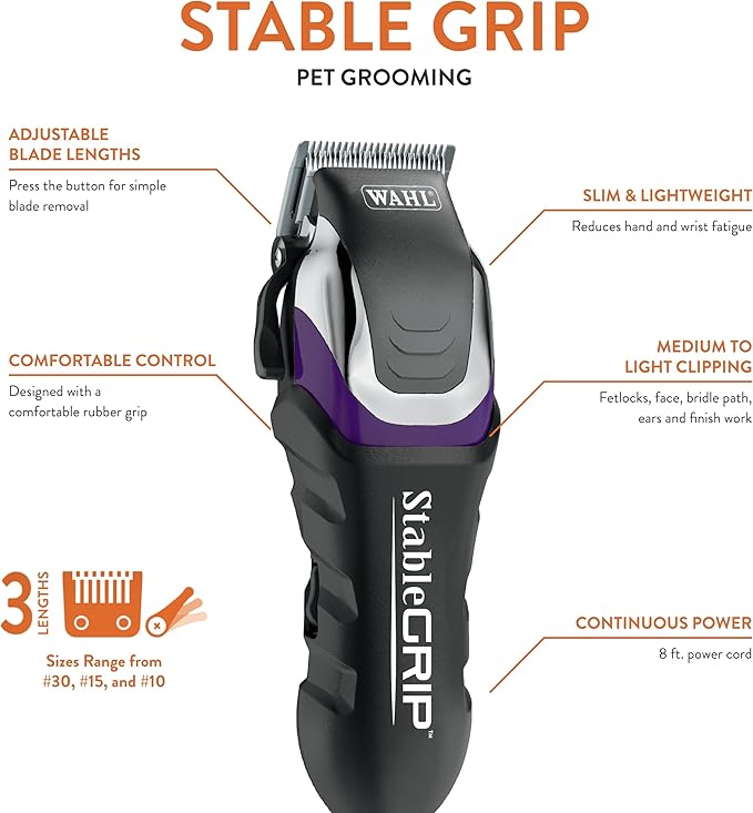 Wahl Pro Animal Stable Grip - Comprehensive Equine Grooming Kit - Light Body Clipping - Trimming Face, Ears &amp; Fetlocks - Stable Grip Clipper - Easy-to-Adjust Cutting Lengths - Long Power Cord
