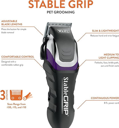 Wahl Pro Animal Stable Grip - Comprehensive Equine Grooming Kit - Light Body Clipping - Trimming Face, Ears &amp; Fetlocks - Stable Grip Clipper - Easy-to-Adjust Cutting Lengths - Long Power Cord