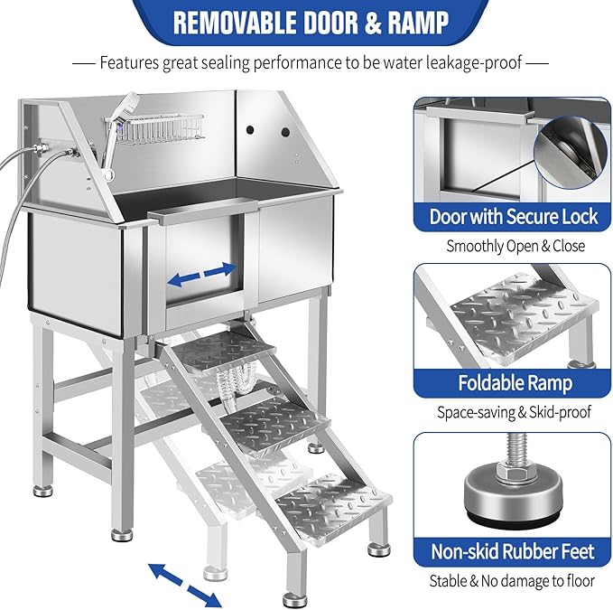 Professional Stainless Steel Dog Bathing Station, Dog Grooming Tub, with Stairs, Floor Grate &amp; Faucet for Dog Bathtub for Large, Medium &amp; Small Pets,34" L-RAMP
