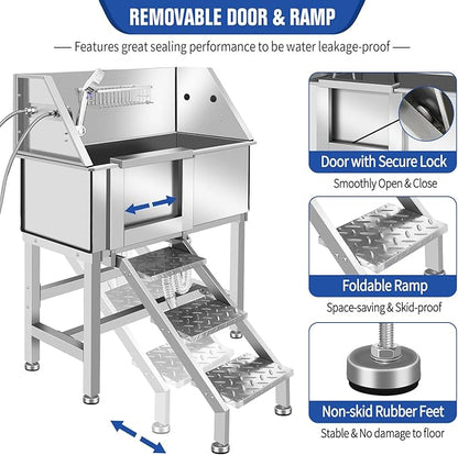 Professional Stainless Steel Dog Bathing Station, Dog Grooming Tub, with Stairs, Floor Grate &amp; Faucet for Dog Bathtub for Large, Medium &amp; Small Pets,34" L-RAMP