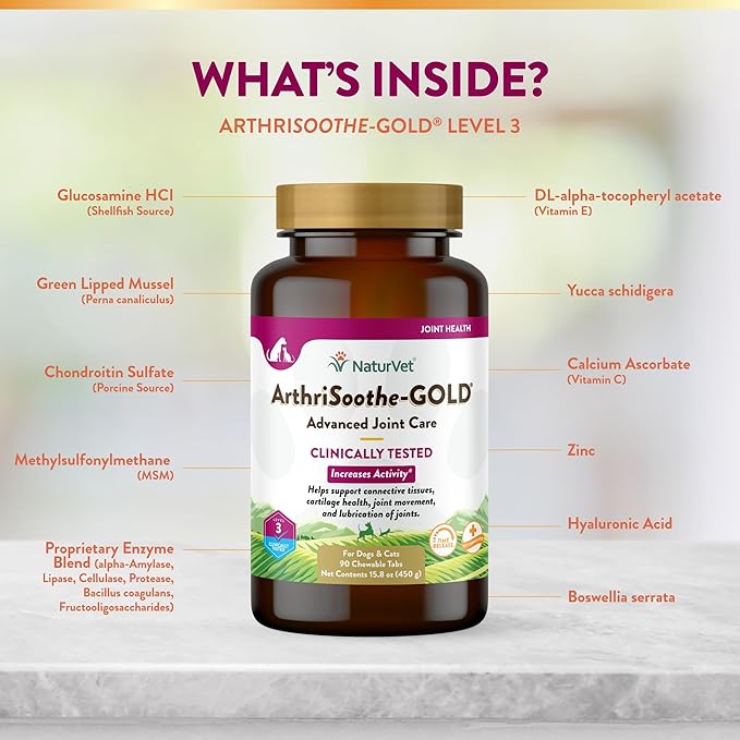 NaturVet – ArthriSoothe-GOLD – Level 3 Advanced Joint Care | Clinically Tested to Support Connective Tissue, Cartilage Health &amp; Joint Movement | Enhanced with Glucosamine, MSM, Chondroitin &amp; Green Lipped Mussel | For Dogs &amp; Cats | 90 Chewable Tablets