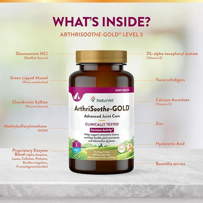 NaturVet – ArthriSoothe-GOLD – Level 3 Advanced Joint Care | Clinically Tested to Support Connective Tissue, Cartilage Health &amp; Joint Movement | Enhanced with Glucosamine, MSM, Chondroitin &amp; Green Lipped Mussel | For Dogs &amp; Cats | 90 Chewable Tablets