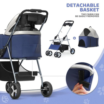 Magshion Foldable Pet Stroller, 3-in-1 Dog Travel Jogger with Detachable Carrier, Cup Holder, Storage Basket, Folding Carrier for Small/Medium Dogs &amp; Cats Up to 33 lbs, Navy Blue