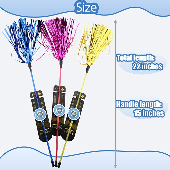 ADUCK Interactive Cat Teaser Wand Toy with Tassels - Durable Cat Chaser for Indoor Kitten Exercise, Boredom Relief &amp; Training Play, Pack of 3 (Gold, Blue, Pink)
