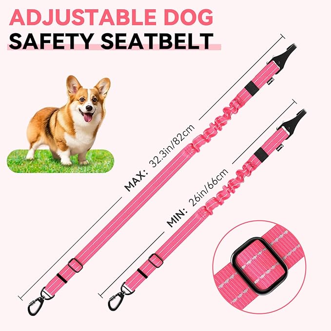 Pawaboo 2Pack Dog Seatbelt for Car, 3-in-1 Dog Car Seat Belt Bungee, Shockproof Dog Tether for Car with Buckle &amp; Hook Latch, Adjustable Reflective Dog Harness Leash with 360° Lockable Buckle, Pink