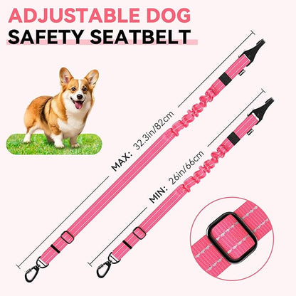 Pawaboo 2Pack Dog Seatbelt for Car, 3-in-1 Dog Car Seat Belt Bungee, Shockproof Dog Tether for Car with Buckle &amp; Hook Latch, Adjustable Reflective Dog Harness Leash with 360° Lockable Buckle, Pink