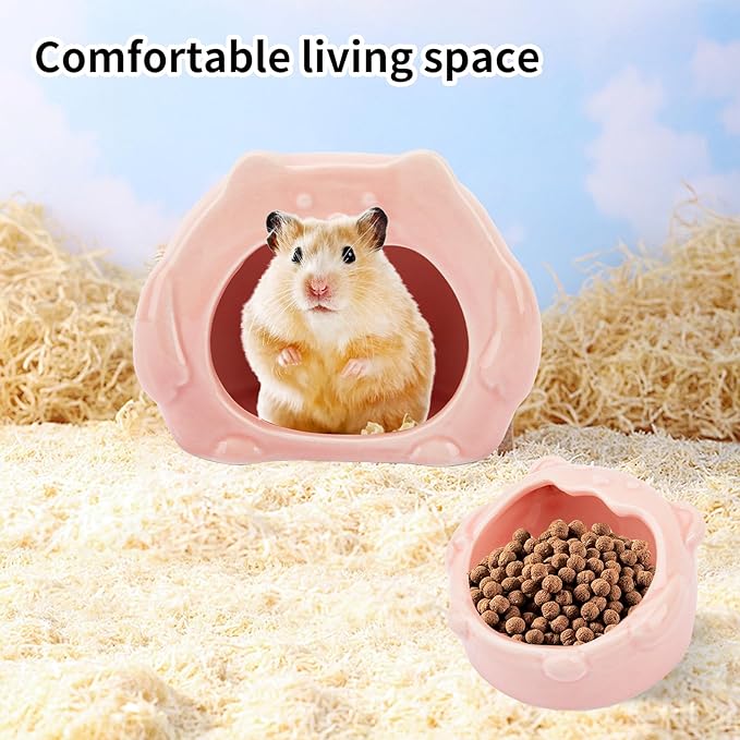 Bear-Shaped Hamster Hideout &amp; Food Bowl Set - Ceramic Habitat for Syrian Dwarf Hamsters, Mice, Gerbils - All-Season Use, Chew-Proof Ceramic House and Feeding Dish for Small Pets(Pink)