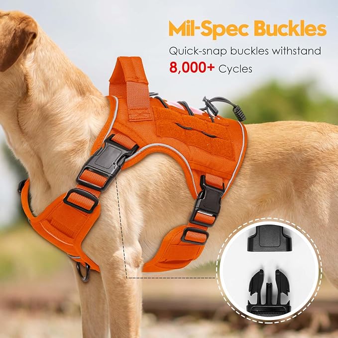 Heavy-Duty Tactical Dog Harness for Large Dogs, No Pull Adjustable Reflective Pet Vest with Molle System, K9 Military-Grade Control for Service Training, Outdoor &amp; 10+ Breeds, Orange, Large
