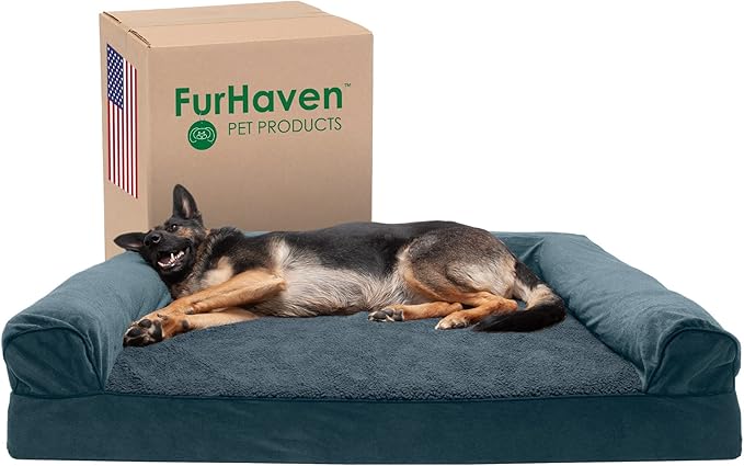 Furhaven Cooling Gel Dog Bed for Large Dogs w/ Removable Bolsters &amp; Washable Cover, For Dogs Up to 125 lbs - Sherpa &amp; Chenille Sofa - Orion Blue, Jumbo Plus/XXL