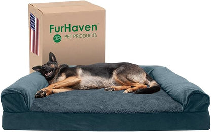 Furhaven Cooling Gel Dog Bed for Large Dogs w/ Removable Bolsters &amp; Washable Cover, For Dogs Up to 125 lbs - Sherpa &amp; Chenille Sofa - Orion Blue, Jumbo Plus/XXL