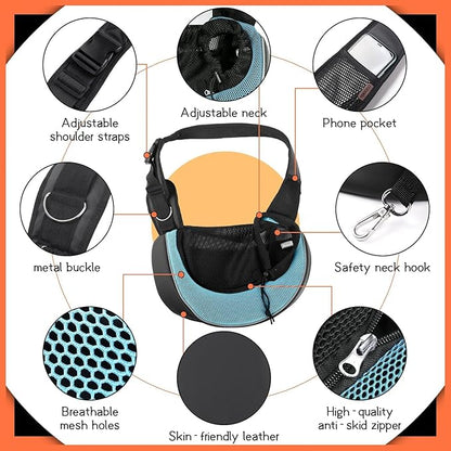YUDODO Pet Sling Carrier for Small Dogs &amp; Cats – Hands-Free Puppy Carrier with Safety Hook, Large Zipper Pocket, Soft Breathable Mesh, Adjustable Strap &amp; Reflective Strip (Cyan 3.0 M)