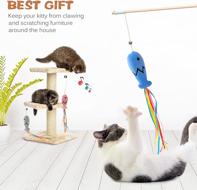 Natural Wood Cat Wand Toy with Ribbon Fish Teaser - 3pcs, 16 Inch, Indoor Cat Exerciser &amp; Playing Kitten Toy, Bonus 5pcs Catnip Sticks for Teeth Cleaning