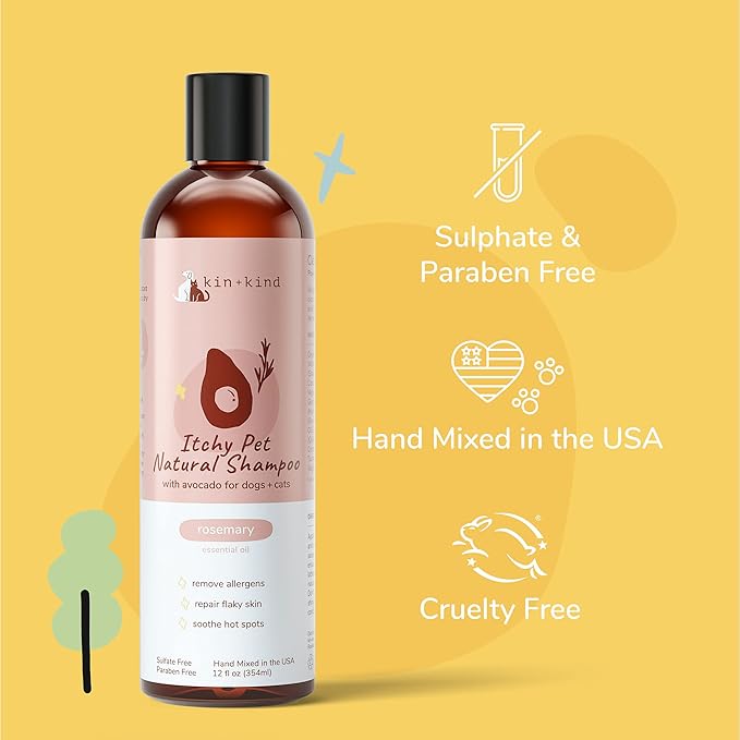 kin+kind Anti-Itch Dog &amp; Cat Shampoo for Itchy Skin and Allergies - Safe, Natural Formula with Olive, Coconut, and Avocado Oil - Made in The USA - Great for Dog Grooming and Cat Supplies (12 fl oz)