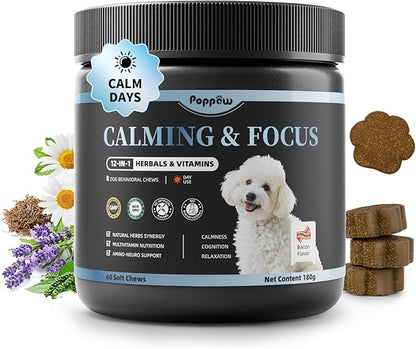 Calming Chews for Dogs – Calming Treats for Anxiety, Stress, Separation, Travel&amp;Thunder, Relaxation &amp; Focus Support with L-Theanine, Valerian Root, Chamomile &amp; Ashwagandha, Bacon Flavor, 60Ct