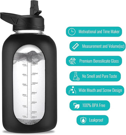 64 oz Glass Water Bottle With Straw and Handle, Half Gallon Sports Motivational Water Jug Flask with Silicone Sleeve, Large Water Cup with Time Marker for Travel, Gym, Beige