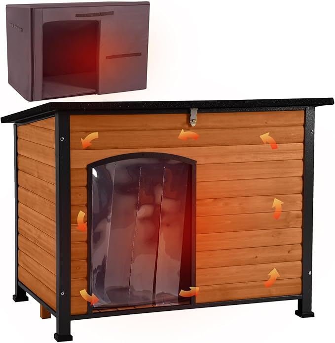 Aivituvin Dog House Outdoor &amp; Indoor Dog Kennel with Insulated Liner for Winter Waterproof Large Dog Cage for Small &amp; Medium &amp; Large Dogs,Unique All-Around Iron Frame