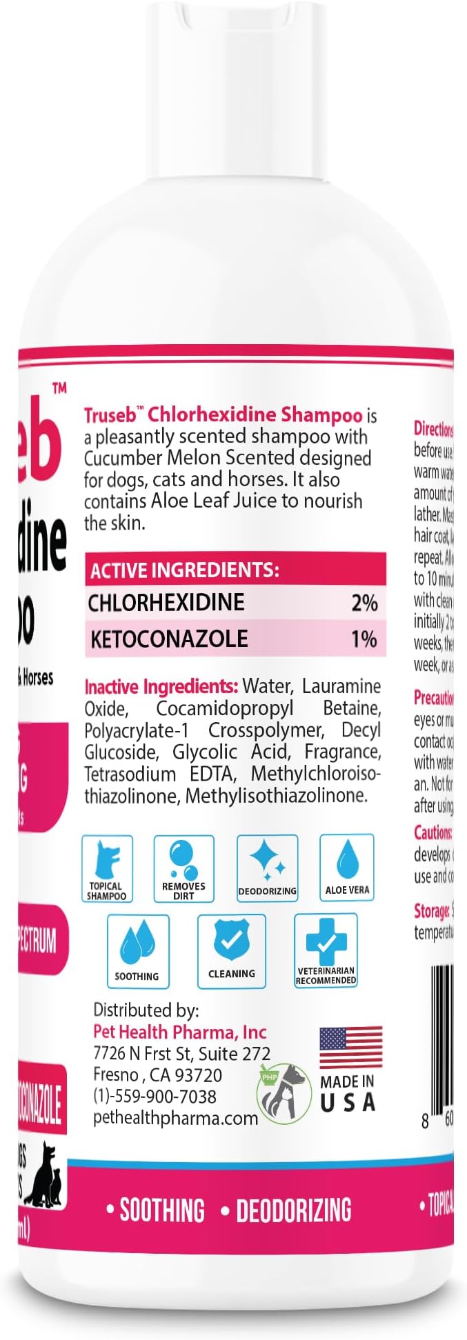 Truseb Topical Ketoconazole and Chlorhexidine Shampoo for Dogs, Cats, and Horses with Aloe - 16 oz (Ketoconazole &amp; Chlorhexidine Shampoo, 16 oz)