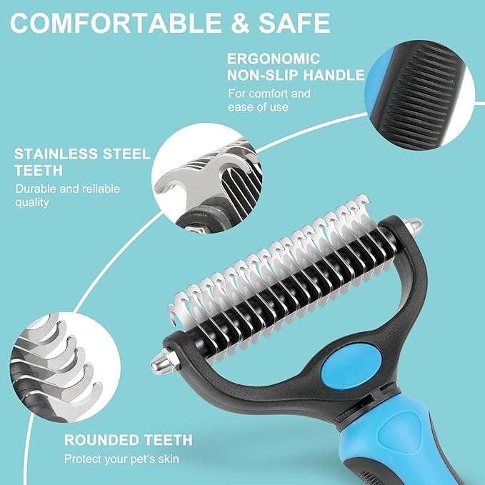 Pet Grooming Brush, Double Sided Undercoat Rake for Dogs &amp; Cats, Professional Deshedding Brush and Dematting Tool, Safe and Effective Removing Knots, Mats, Tangles,and Flying Hair (Blue)