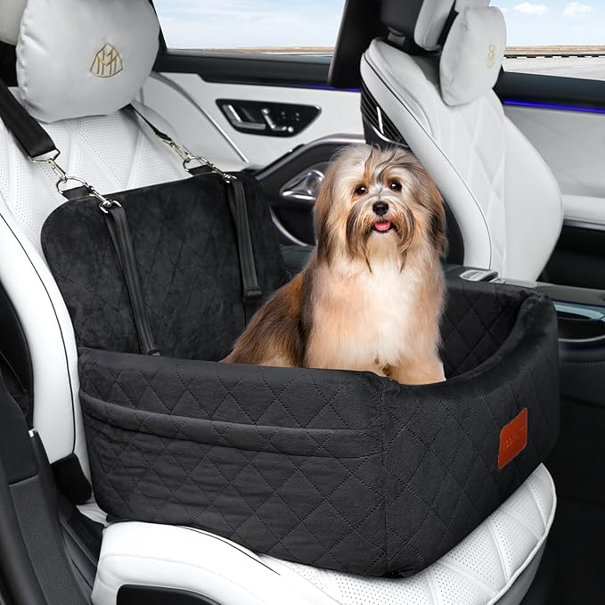 Dog Car Seat for Small Dogs Under 30lbs, Washable Pet Travel Car Bed with Memory Foam,Fully Detachable Cover,2 Storage Pockets &amp; Safety Leash,Non-Slip Bottom(Black)