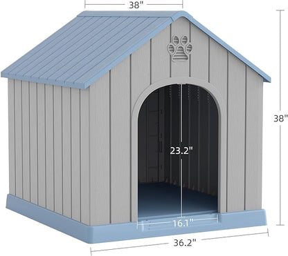 Large Dog House Outdoor Indoor for Medium Large Dogs, Durable Plastic Waterproof Doghouse with Air Vents and Elevated Floor, Easy Clean and Assemble (Blue, 36.2&