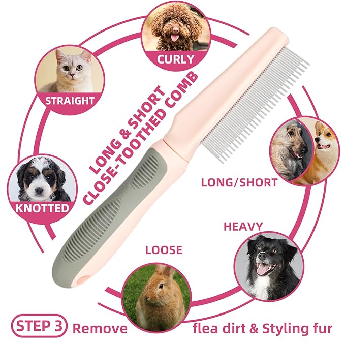Pet Grooming Kit - 7 PCS Deshedding Brush Set with Slicker, Undercoat Rake, Bath Brush &amp; Nail Clipper for Short &amp; Long Haired Dogs, Cats (Pink)