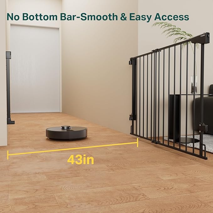 Cumbor 29.2-43" No Bottom Bar Baby Gate for Stairs, 2-in-1 Hardware Mounted Dog Gate Indoor, Wide Pet Gates for Doorway with Large Walk Thru Door, Child-Proof Gate for Top &amp; Bottom of Stairs(Black)