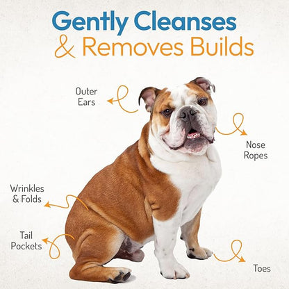 Bulldog Wrinkle Wipes for Dogs – Deodorizing &amp; Soothing with Honeysuckle Extract – Non-Irritating, Cleans Wrinkles, Folds, Paws &amp; Tail Pockets – for Bulldogs, Pugs &amp; Frenchies (100 Count)