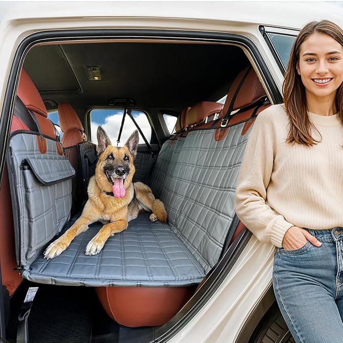 APetsPlanet Dog Car Seat Cover for Back Seat Hard Bottom - Waterproof Backseat Extender for Dogs - Pet Hammock Bed for Car, Truck, SUV with Mesh Window &amp; Storage - Gray Leather, with Door Covers
