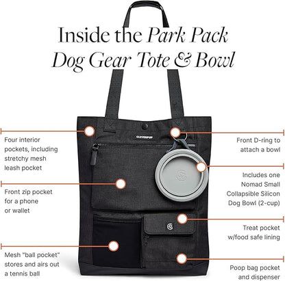 Park Pack 2-Piece Set Dog Gear Tote – Dog Travel Bag with 8 Pockets, Treat Pouch, Poop Bag Dispenser, Quick-Dry Ball Pocket, Collapsible Bowl, Perfect for Walks &amp; Park Trips, Graphite