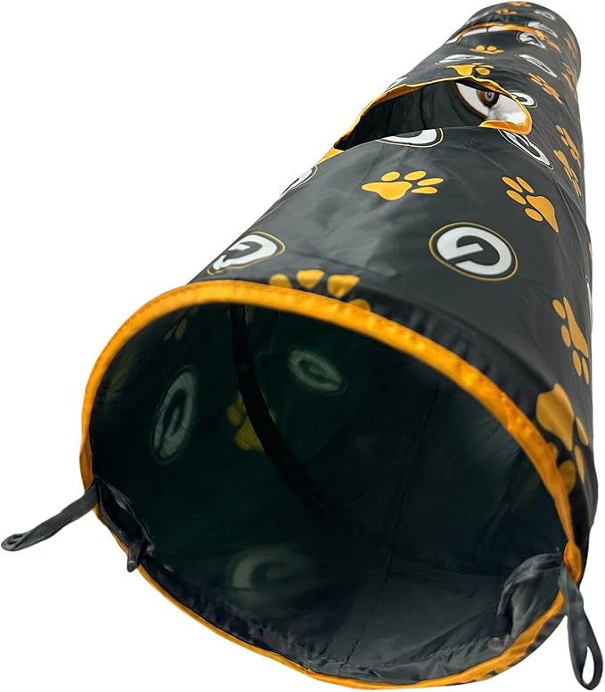 NFL Green Bay Packers Cat Tunnel Tube Toy with Plush Football Catnip and Feathers Collapsible Tunnel for Cats to Play, Peek and Hide, Sporty &amp; Fun Cat Tunnel Toy with Team Logo All-Over Design!