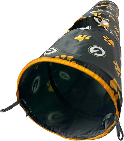 NFL Green Bay Packers Cat Tunnel Tube Toy with Plush Football Catnip and Feathers Collapsible Tunnel for Cats to Play, Peek and Hide, Sporty &amp; Fun Cat Tunnel Toy with Team Logo All-Over Design!