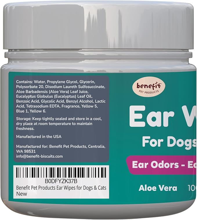 Benefit Pet Products Dog Ear Wipes - Ear Cleaner for Dogs to Prevent Infections, Itching &amp; Odor - Aloe &amp; Eucalyptus, Grooming Wipes - 100 Count