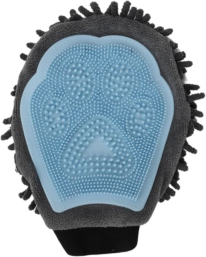 Dual Sided Pet Grooming Glove with Rubber Paw - 2-in-1 Grooming Glove | Fun Dogs &amp; Cats Grooming Tool for Brushing, Massaging, and Scrubbing | Chenille Fabric Side Acts as Pet Bathing(Blue)