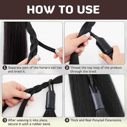 Zeyune 3 Pcs Horse Tail Extensions Set with Braided Horsehair Loop Include Ponytail Comb and Storage Bag, Natural Black for Equestrian Competitions, Horse Shows, Daily Grooming(28-30inch,3/8 lb)