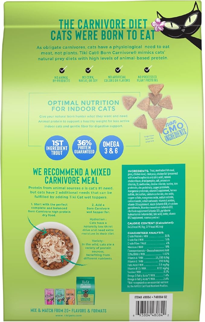 Tiki Cat Born Carnivore Indoor Health Dry Cat Food, Trout &amp; Menhaden Fish Meal, 12 lbs. Bag