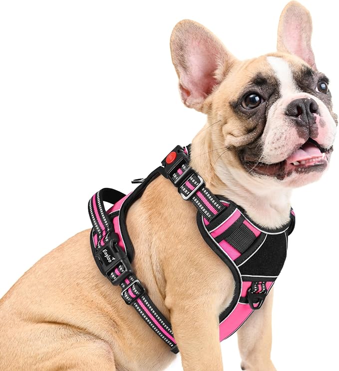 Eagloo Dog Harness Medium Sized, Easy Wearing with 3 Buckles, Adjustable No Pull Pet Harness with 2 Rings for Walking, No Chock Reflective Soft Padded Vest with Control Handle, Pink &amp; Black, M