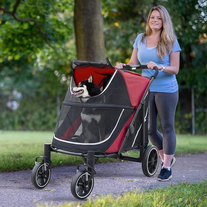 Dog Stroller for Medium/Large Dogs One-Click Folding, Extra Large Pet Stroller for 2 Dogs with Storage Pocket &amp; Shock Absorption, Up to 130 lbs, Red