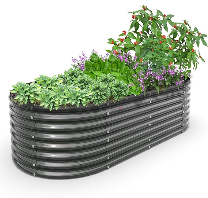 A ANLEOLIFE 8X4X2 ft Galvanized Raised Garden Beds Outdoor, Oval Large Metal Deep Root Planter Box for Planting Vegetables Flowers Herb, Anti-Rust &amp; Easy-Setup, Quartz Grey