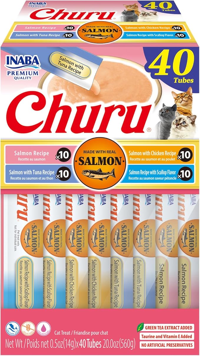 INABA Salmon Churu Cat Treats, Lickable, Squeezable Creamy Purée Cat Treat with Green Tea Extract &amp; Taurine, 0.5 Ounces Each Tube, 40 Tubes, Salmon Variety Box