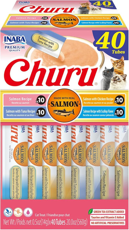 INABA Salmon Churu Cat Treats, Lickable, Squeezable Creamy Purée Cat Treat with Green Tea Extract &amp; Taurine, 0.5 Ounces Each Tube, 40 Tubes, Salmon Variety Box