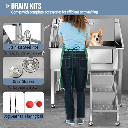 38" Dog Washing Station, Professional Stainless Steel Dog Bathing Station, Equipped with Three Anti-Slip Steps, Removable Door, Upgraded Spray Nozzle&amp;Hose - Ideal for Home, Pet Grooming Salon,R-RAMP