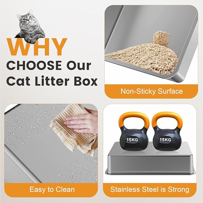 XXXL Stainless Steel Litter Box,Extra Large 28" L x 20" W Metal Litter Box for Big Cats &amp; Multiple Cats with High Sided, Anti-Urine Leakage, Non-Sticky, Easy Cleaning, Include Scoop(White
