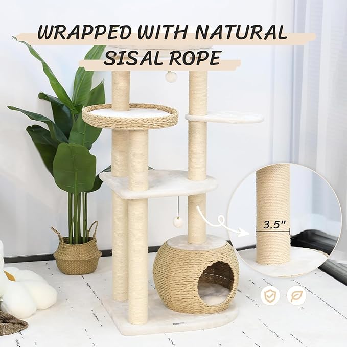 KAMABOKO Modern Cat Tree, 53" Cat Tower for Indoor Cats Natural Sisal Scratching Posts, Hand-Woven Condo &amp; Top Perch, Cat Tree Tower for Kittens Climb Play &amp; Rest