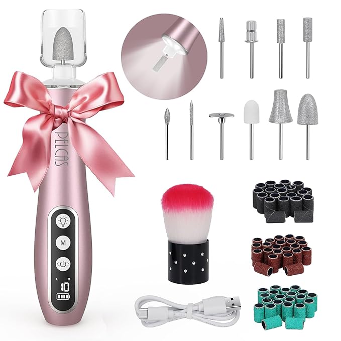 PELCAS Electric Nail File, 10 Speeds Cordless Nail Drill Kit with LED Light, Professional Nail Grinder with LCD Screen Portable e File for Human, Pet, Thick Toenails, Natural &amp; Acrylic Nails Pink