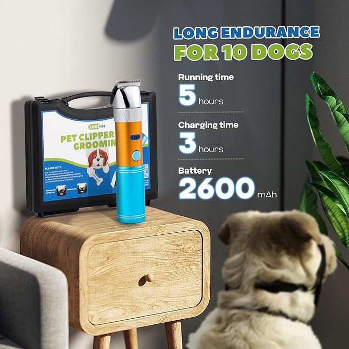 Dog Clippers for Grooming Cordless 400W with Rechargeable 5h-Standby Battery, Low Noise < 50db, Heavy-Duty Pet Hair Shaver Kit, with 2 Sharp &amp; Detachable Blades of 3MM&amp;6MM, Blue