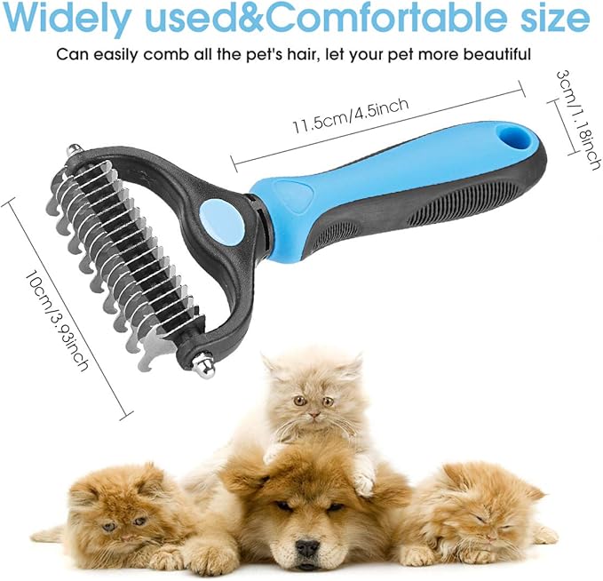 Pet Grooming Tool - 2 Sided Undercoat Rake for Cats and Dogs - Safe Dematting Comb for Easy Mats &amp; Tangles Removing - No More Nasty Shedding and Flying Hair