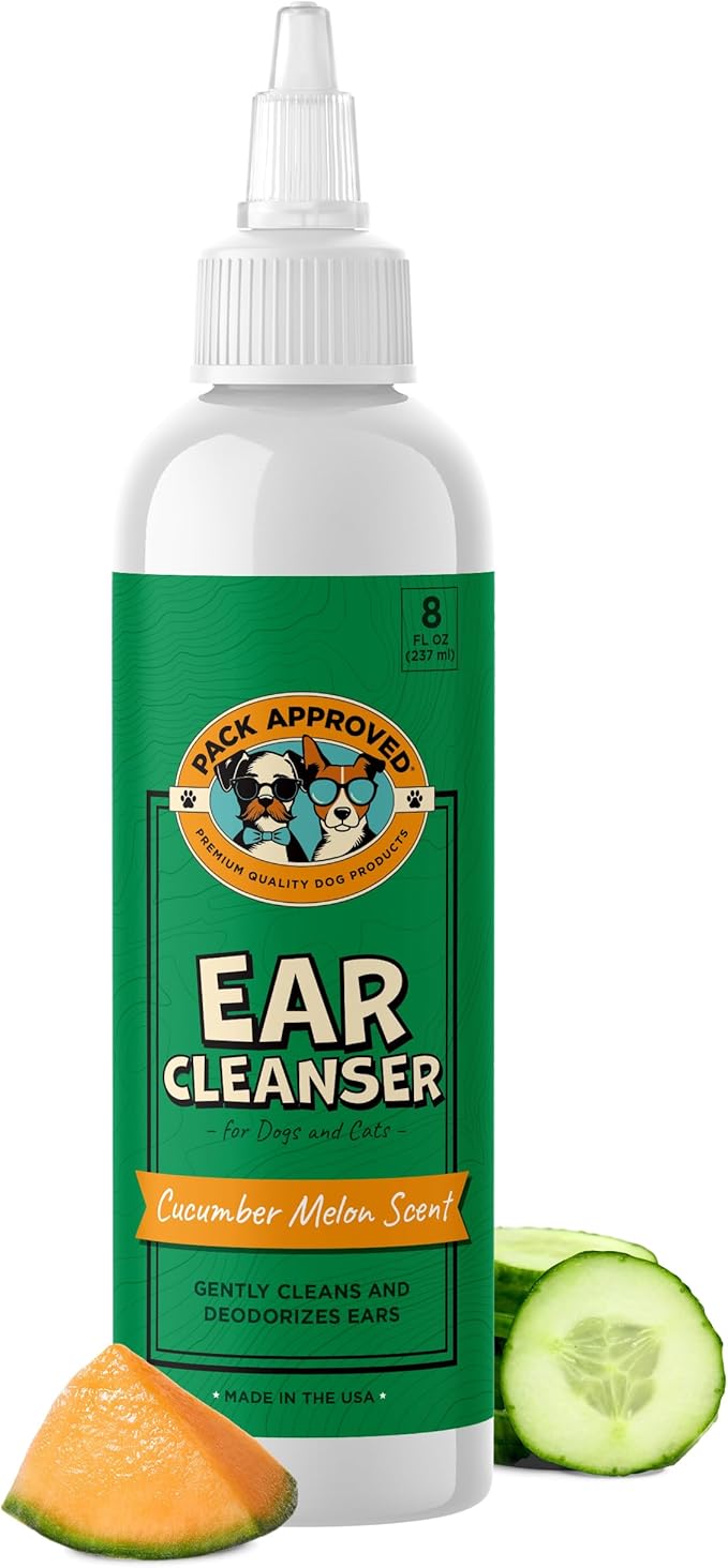 Cat &amp; Dog Ear Cleaning Solution - Helps Remove Wax, Debris, and Dirt - Non-Stinging, Non-Burning Daily Use Formula - Cat &amp; Dog Ear Wash for Itchy Ears - Cucumber Melon Scent (8oz)