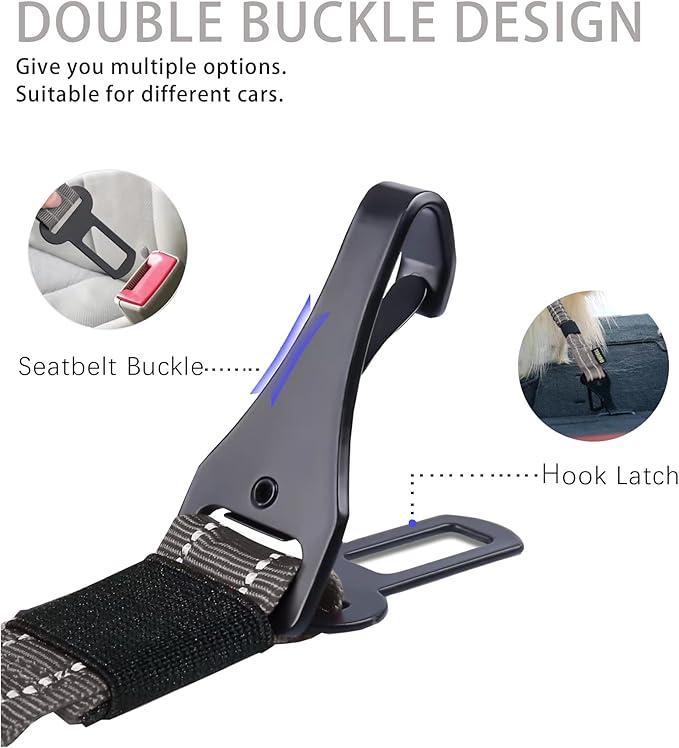AUBELL Dog Seat Belt for Car,Updated 3-in-1 Adjustable Reflective Bungee Heavy Duty Dog Car Harness Tether with Clip Hook Latch &amp; Buckle,Swivel Zinc Alloy Carabiner,Grey