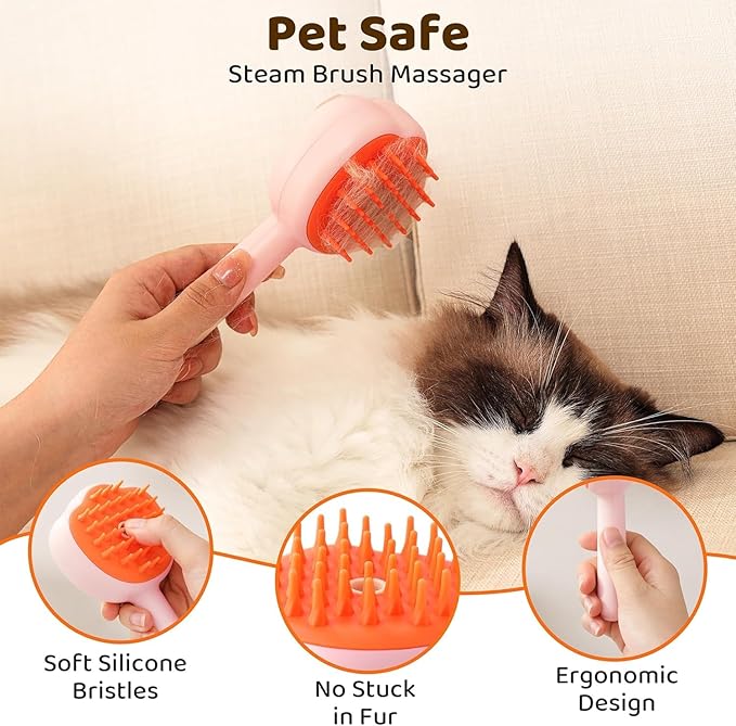 Steam Cat Brush, 6-in-1 Dog Brush Spritz Defur Comb with Pet Waterless Shampoo, Steamy Skin Friendly Deshedding Grooming Tool, Suitable for Shedding &amp; Haired Pets, Pet Supplies Accessories, Pink